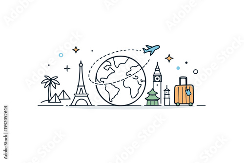 Global travel icons. A minimal editorial scene combining icons of globe, airplane path, landmarks and suitcase. Concept of worldwide travel and openness, with