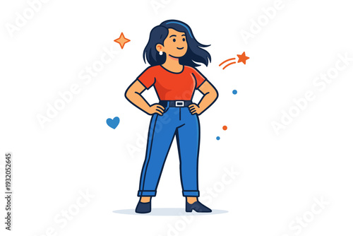 Strong woman portrayed as a confident female figure standing upright with relaxed strength, expressing self belief, resilience, and modern empowerment.