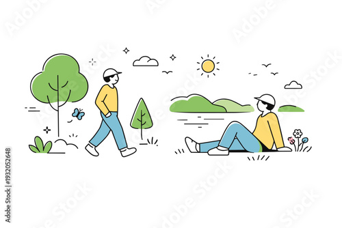 Slow living in nature. A person walking quietly among trees or sitting on the grass, enjoying open space and fresh air. Gentle connection with nature and time