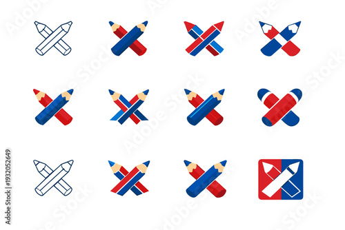 Drawing with colored pencils. Icon set. Set Logo of Drawing with colored pencils: crossed colored pencils. harmonious logo variations of the same emblematic