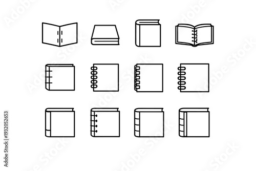 Binding Techniques. Line icon set of Binding Techniques: saddle stitch, perfect binding, case binding, coptic stitch, japanese stab binding, spiral binding,