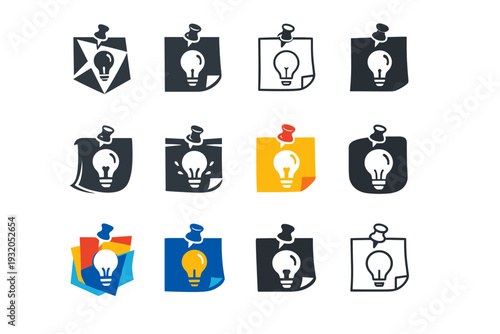 Content idea sticky notes. Icon set. Set Logo of content idea sticky notes: pinned note reminder. harmonious logo variations of the same emblematic concept,