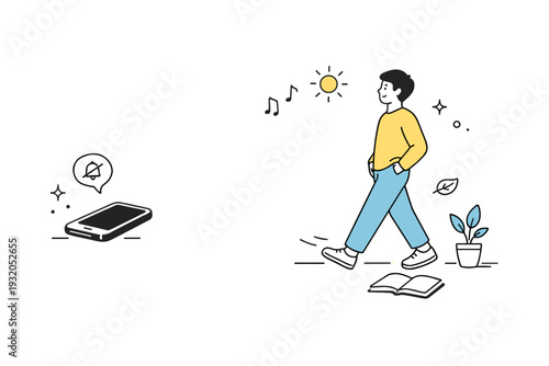 Screen addiction recovery overview. Calm editorial scene of a person consciously stepping away from screens, with a phone placed aside and open space around.