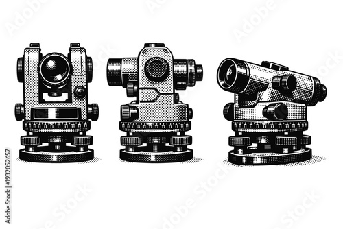 Theodolite surveying instrument shown in front view, side view, and angled perspective with detailed optics, rotating base, and adjustment knobs accurately