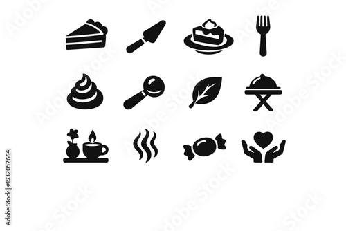 Dessert Presentation. Solid icon set of Dessert Presentation: sliced pie, pie server, dessert plate, fork, whipped cream, ice cream scoop, garnish leaf,