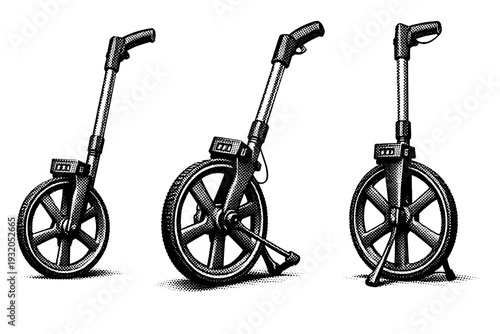 Surveyor?s measuring wheel presented in side profile, angled perspective, and upright resting position with detailed circular wheel, handle grip, and counter