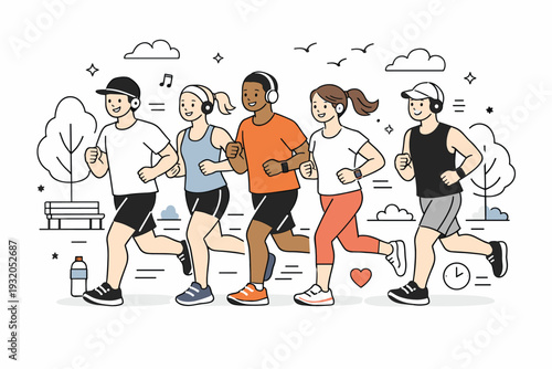 Group marathon training scene. Several runners jogging together with light gear and headphones in a spring park setting, conveying teamwork, motivation, and
