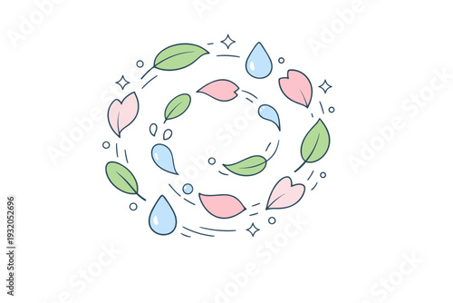 Spring renewal abstract concept. Floating elements like leaves, flower petals, and water droplets gently arranged to form a circular or spiral shape,