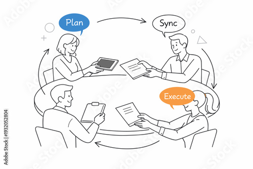 Team Coordination. Colleagues passing documents and tablets across a round table, speech bubbles with short words like ?Plan?, ?Sync?, ?Execute? floating