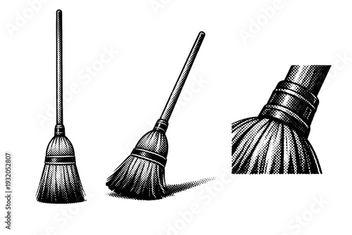 Broom resting angle A realistic broom leaning at a slight angle shown in three views: vertical view, diagonal resting view, and close angled view of