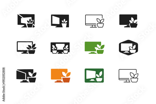 Aesthetic desktop setups. Icon set. Set Logo of aesthetic desktop setups: desk plant and screen. harmonious logo variations of the same emblematic concept,