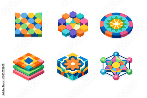 Geometric Patterns. Isometric flat vector icons set of Geometric Patterns: repeating circle grid, hexagonal symmetry tile, radial geometry disc, layered