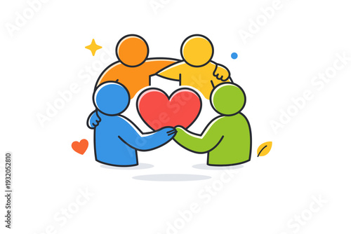 Community care centered on mutual support as several simple human figures gently connect around a shared heart symbol, expressing empathy, trust, and