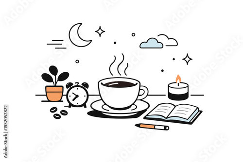 Evening coffee ritual. A soft editorial scene with a cup of coffee on a table under warm light, expressing relaxation and winding down. Quiet atmosphere,