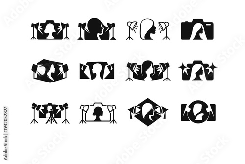 Fashion photography with dramatic lighting. Icon set. Set Logo of Fashion photography with dramatic lighting: studio lighting setup. harmonious logo variations