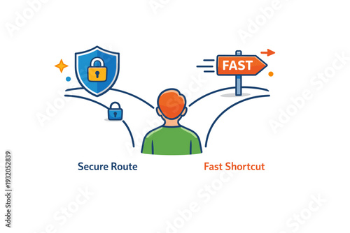 Privacy vs convenience mindset symbolized by a path splitting into a secure route and a shortcut marked fast, expressing thoughtful navigation of digital life