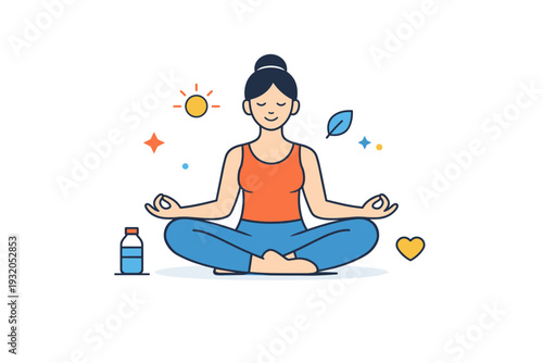 Fitness and wellbeing centered on a simple yoga pose with relaxed posture, conveying mindfulness, flexibility, and inner balance as part of a healthy daily