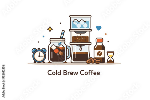 Coffee brewing methods represented by a gentle icon-scene of cold brew preparation that suggests patience, smoothness and modern lifestyle trends. The mood is