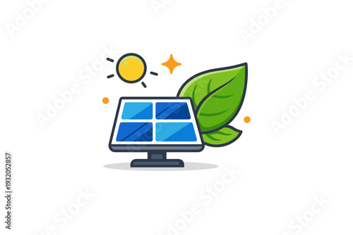 Solar power solutions expressing environmental impact through solar panels paired with a leaf and subtle sparkle accents, suggesting clean energy and reduced