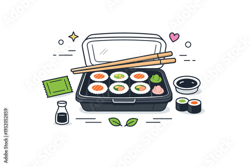 Sushi takeaway set. A simple scene showing a compact sushi box with rolls inside and chopsticks placed on top. Modern lifestyle, convenience, and clean food
