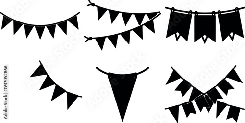 Flat design hanging pennant and bunting vector silhouettes in various shapes and angles on white background festive mood clean layout