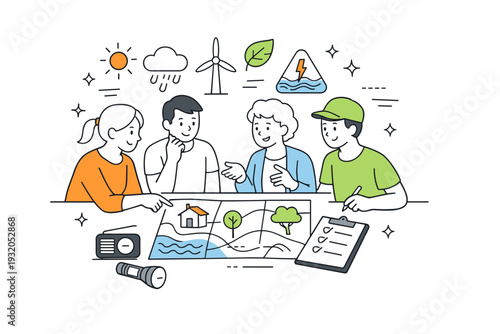 Community climate preparedness. A small group of people discussing plans around simple maps and icons of weather and nature. Cooperation, foresight, and shared