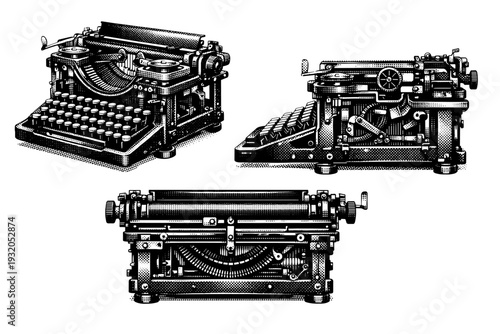 Typewriter ? metal frame and mechanics. A mechanical typewriter focusing on exposed metal elements, levers, and structural frame, portrayed as the same