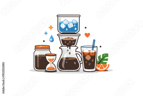 Coffee brewing methods represented by a gentle icon-scene of cold brew preparation that suggests patience, smoothness and modern lifestyle trends. The mood is