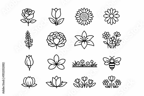 Flower Garden. Line icon set of Flower Garden: rose bloom, tulip flower, sunflower head, daisy flower, lavender sprig, peony bloom, lily flower, wildflower