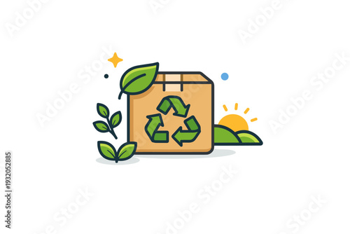 Food packaging icons focused on eco friendly materials, symbolized by a package with a recycling arrow and natural accents suggesting reduced environmental