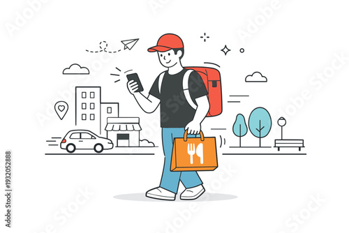Urban food delivery service. A calm city scene showing a courier carrying a food bag and checking a smartphone, suggesting smooth and reliable delivery. The