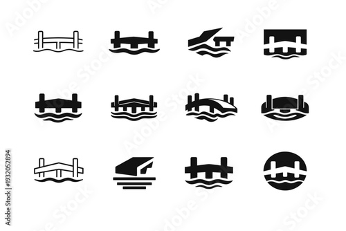 Quay. Icon set. Set Logo of quay: dock edge silhouette. harmonious logo variations of the same emblematic concept, each with different artistic interpretation