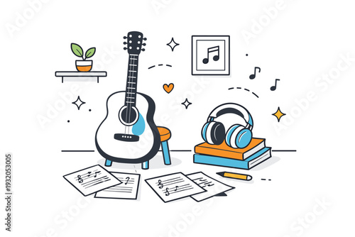 Personal corners of rooms. A small corner with a musical instrument, headphones, and scattered sheet music. Editorial scene showing creative personal space and
