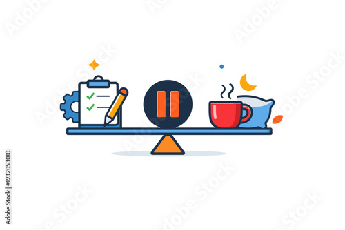 Slow productivity interpreted through a balance of work tools and rest symbols like a cup or pause icon, representing healthy rhythm and sustainable