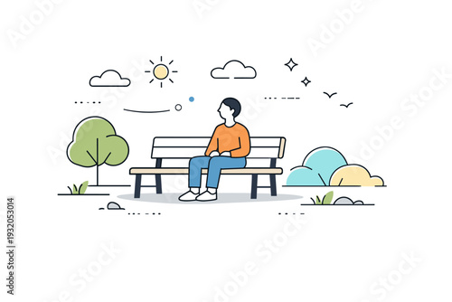 Sitting alone in public places in a park. A person rests on a bench surrounded by open space, trees, or abstract nature elements, enjoying a quiet break.