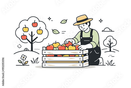 Apple crate harvest scene. A wooden crate filled with fresh apples placed in an orchard, a farmer gently arranging fruit while a few leaves float in the air.