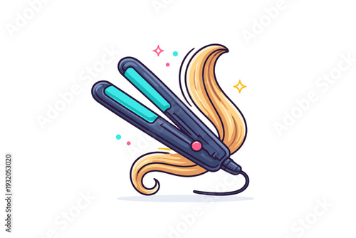 Hair styling tools shown as a flat iron paired with a neat strand of hair, symbolizing precision, control, and sleek modern looks. Minimalist flat vector
