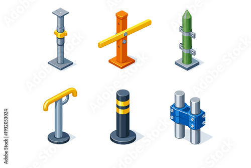 Support pole. Isometric flat vector icons set of Support pole: scaffolding pole, guardrail post, fence pole, handrail pole, bollard post, reinforced pole