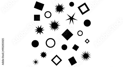 abstract black geometric shapes and sharp stars scattered randomly on a white background creating a modern decorative pattern for graphic design concepts