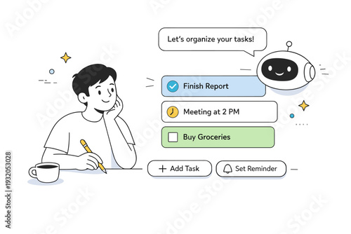 Technology supporting people. A calm scene where a digital assistant interface helps a person organize tasks using simple cards and checkmarks. Focus on