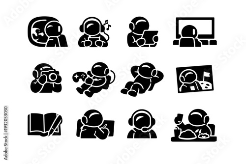 Astronaut Leisure. Solid icon set of Astronaut Leisure: earth viewing window, music player, book tablet, movie screen, photography camera, floating game,