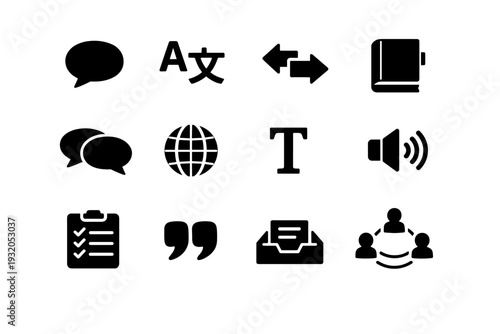 Language. Solid icon set of Language: speech bubble, alphabet letters, translation arrows, dictionary book, chat conversation, language globe, text cursor,
