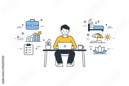 Career growth without burnout. A person working at a desk with balanced icons of work and rest floating nearby. Calm editorial scene emphasizing healthy