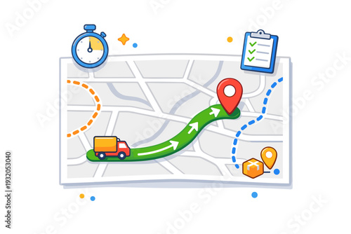 Delivery tracking map centered on route optimization, a clean map layout with multiple paths and one emphasized efficient route marked by arrows and a location