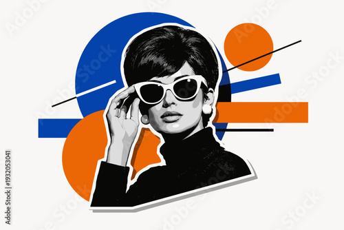 Black and white retro portrait of a 1960s style woman with bold sunglasses as the main object, cut-out effect with thin white outline, layered over oversized
