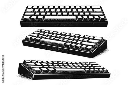 Mechanical keyboard ? compact -percent keyboard with minimal casing, dense key arrangement, and visible switch spacing. Black and white dot style with halftone