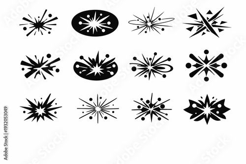 Physics discoveries. Icon set. Set Logo of physics discoveries: particle collision burst. harmonious logo variations of the same emblematic concept, each with