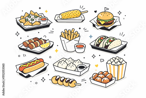 Street snacks variety. Different street food items displayed on trays and paper wrappers, neatly arranged composition. The mood is inviting, colorful, and