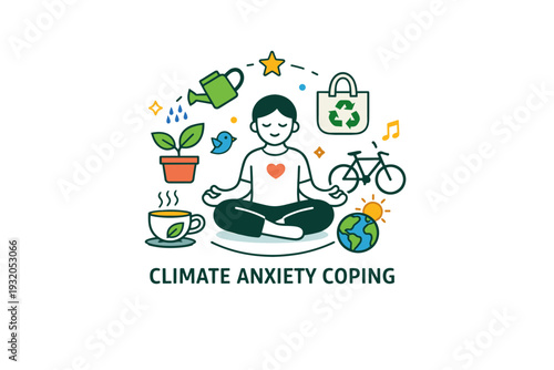 Climate anxiety coping illustrated as small mindful actions that restore a sense of control. A compact concept badge showing emotional regulation alongside