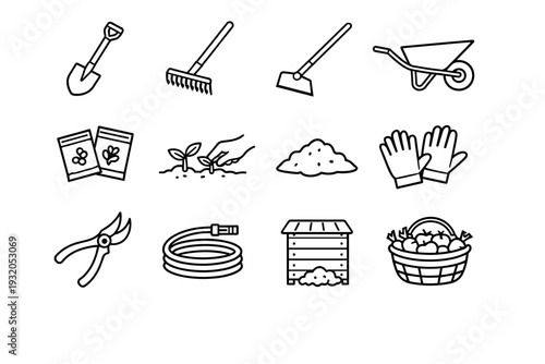 Garden Work. Line icon set of Garden Work: digging shovel, garden rake, hoe tool, wheelbarrow, seed packets, planting sprouts, soil mound, garden gloves,